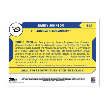 Baseball trading card of Randy Johnson Arizona Diamondbacks from Topps Turn 2021