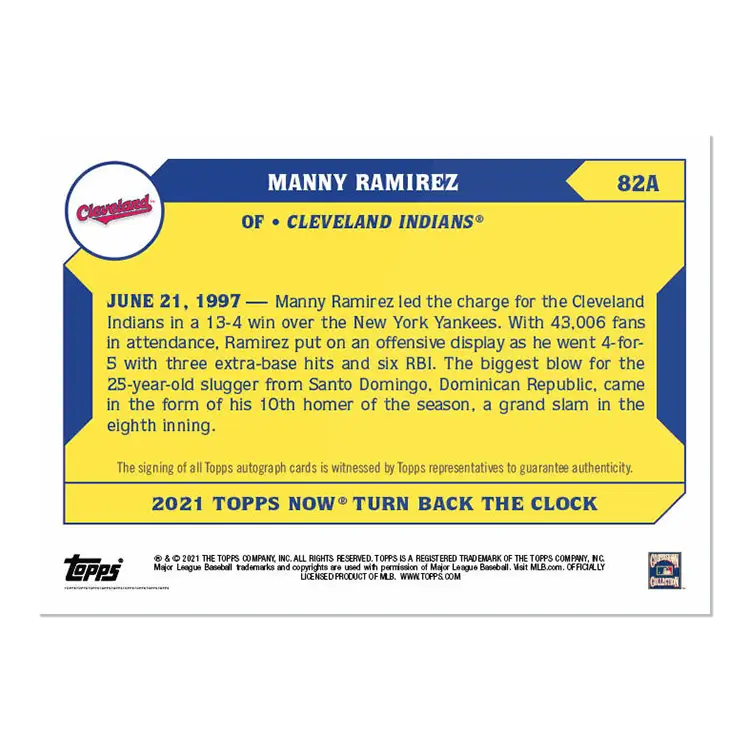 Baseball trading card of Manny Ramirez Cleveland Indians 2021 Topps Turn Back Clock 82A