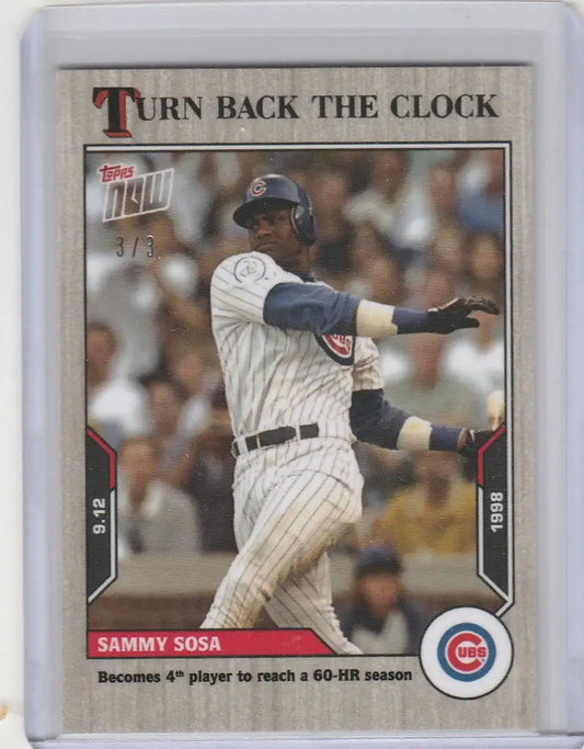 Baseball card of Sammy Sosa swinging a bat in the 2021 Topps Clock Ash Parallel