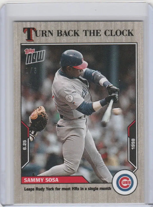 Baseball card of Sammy Sosa swinging bat for Topps Turn Back the Clock Chicago Cubs