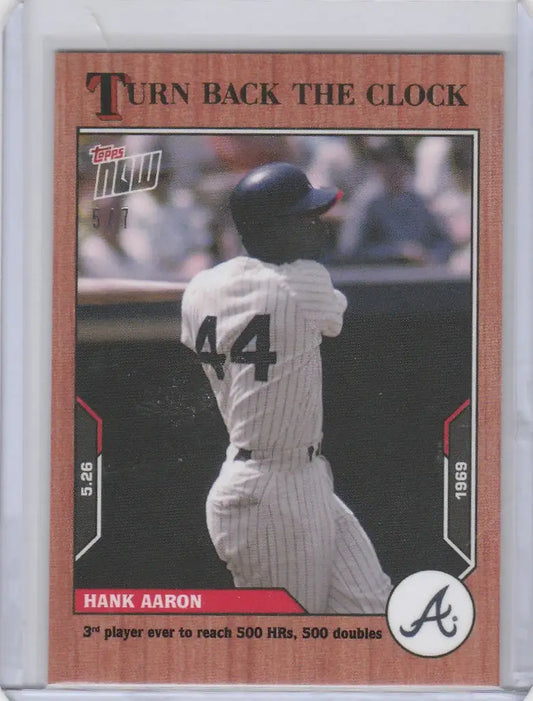 Baseball card of Hank Aaron Atlanta in white pinstriped uniform with clock cherry parallel design