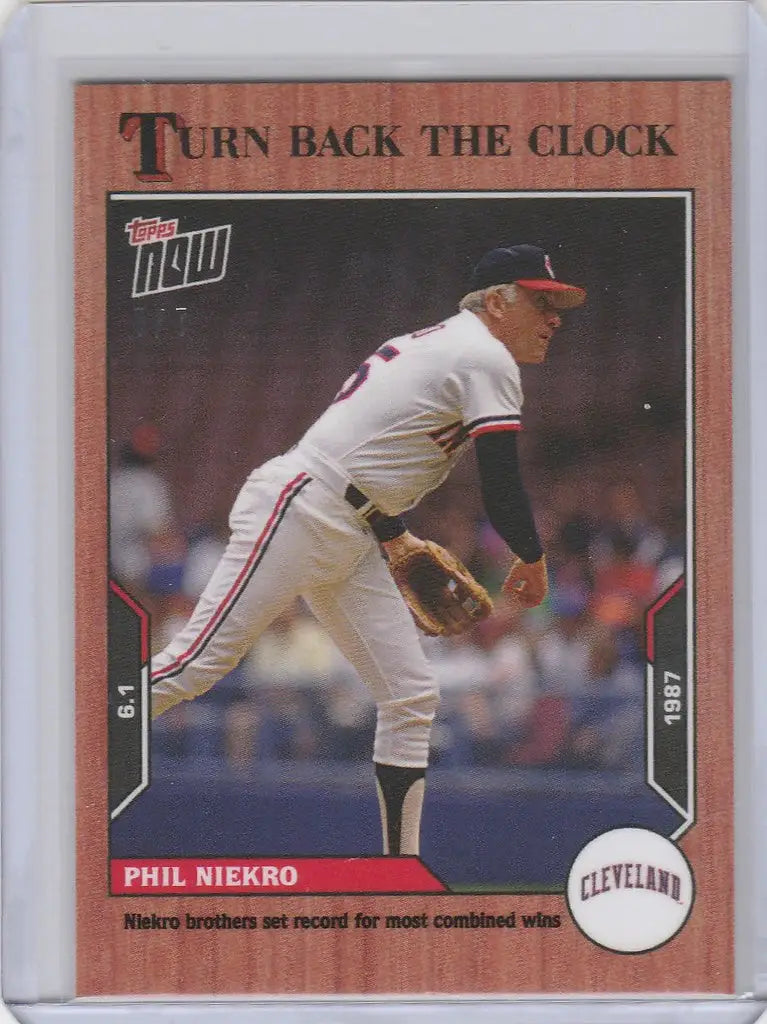 Baseball card of Phil Niekro Cleveland pitcher in mid-throw, Topps Turn Back Clock Cherry Parallel