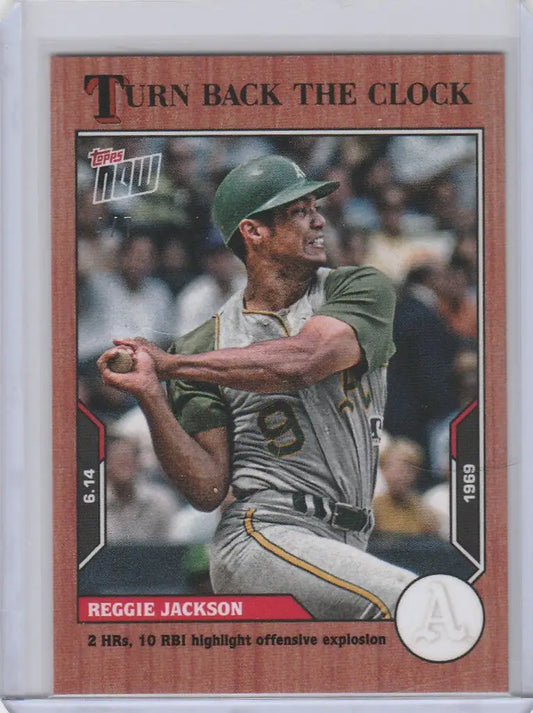 Baseball card of Reggie Jackson in green uniform, Topps Turn Back the Clock Cherry Parallel