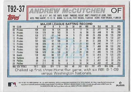 Andrew McCutchen baseball card from 2021 Topps Update with original gloss finish