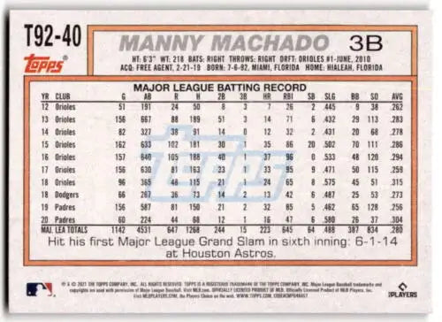 Manny Machado 2021 Topps Update baseball card featuring original gloss, NM-MT Padres