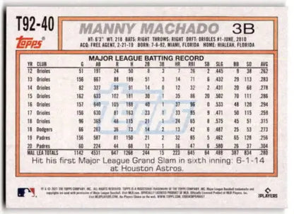 Manny Machado 2021 Topps Update baseball card featuring original gloss, NM-MT Padres