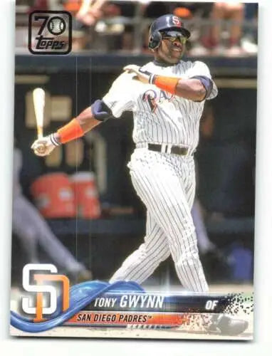 Baseball card of Tony Gwynn in pinstripe uniform swinging bat, original gloss finish