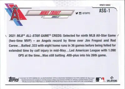 Baseball card back of 2021 Topps Update MLB All-Stars Mike Trout Los Angeles Angels Card