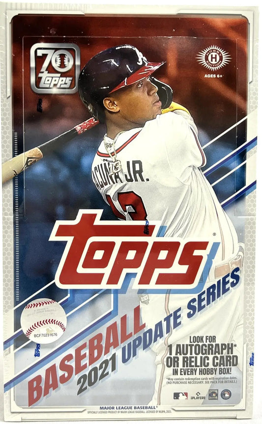 2021 Topps Update Series Baseball Hobby Box with player swinging bat and red parallel cards