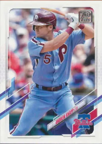 Baseball card of Andrew Knapp at bat, showcasing original gloss in 2021 Topps Update