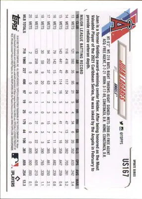 Back of 2021 Topps Update Juan Lagares Los Angeles Angels Baseball Card MLB NM-MT