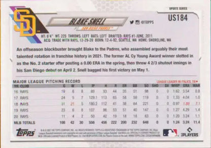 Back of 2021 Topps Update #US184 Blake Snell card with original gloss detail