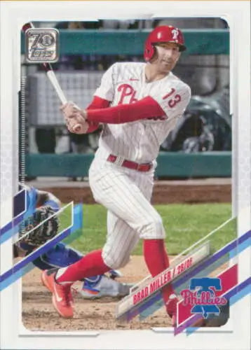 Baseball card featuring Phillies player Brad Miller mid-swing in original gloss finish