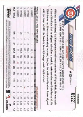 Baseball trading card featuring Trevor Williams statistics for the Chicago Cubs Topps Update