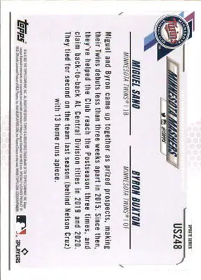 Back of 2021 Topps Update #US248 Baseball Card featuring Byron Buxton and Miguel Sano