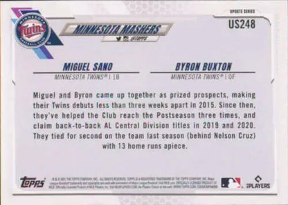 Baseball card back of 2021 Topps Update Byron Buxton/Miguel Sano showing original gloss