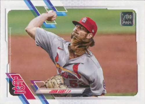 Baseball card of John Gant pitching, featuring original gloss from 2021 Topps Update