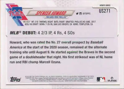 Baseball card back of 2021 Topps Update Spencer Howard rookie debut with original gloss