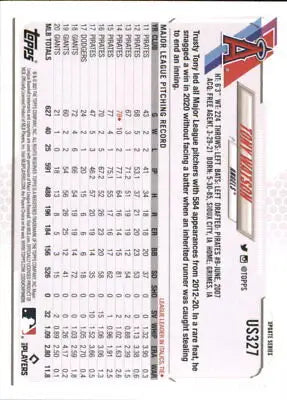 Baseball card back of 2021 Topps Update Tony Watson Los Angeles Angels MLB collectible