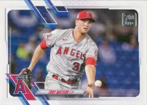 Angels pitcher Tony Watson in gray uniform on 2021 Topps Update baseball card, original gloss