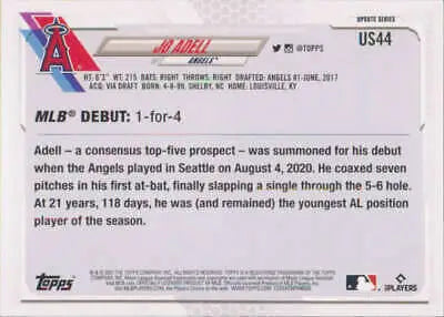 Jo Adell baseball card back from 2021 Topps Update with original gloss and rookie debut