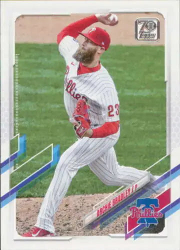 Baseball player in white pinstriped Phillies uniform throwing pitch for Topps Update card