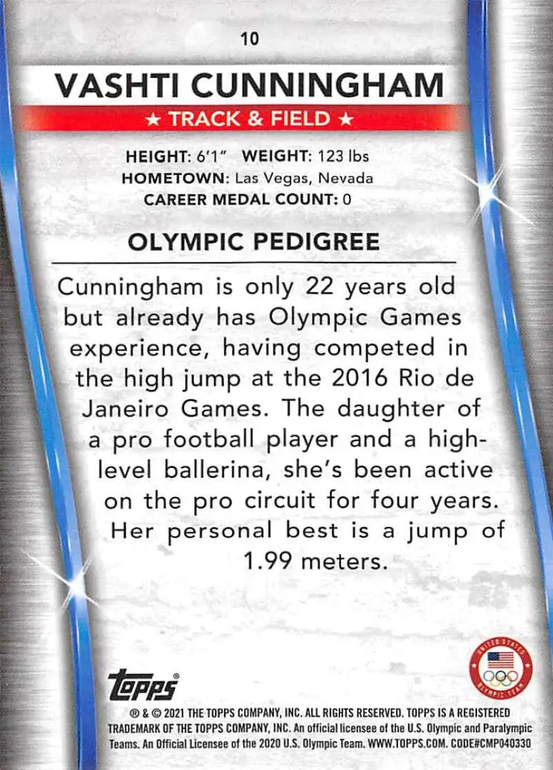 Vashti Cunningham Track & Field Card showcasing athlete stats and Olympic background