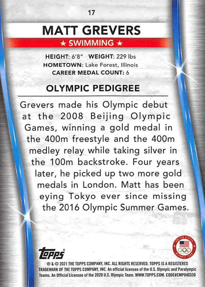 Trading card showcasing Matt Grevers’ Olympic swimming stats from Beijing and London Games