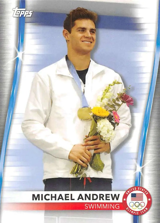 Michael Andrew swimming trading card featuring athlete with flowers and medal