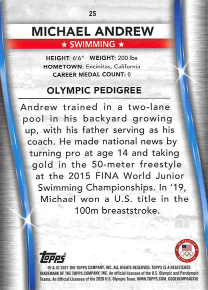 Michael Andrew Swimming Card featuring biographical details and career highlights