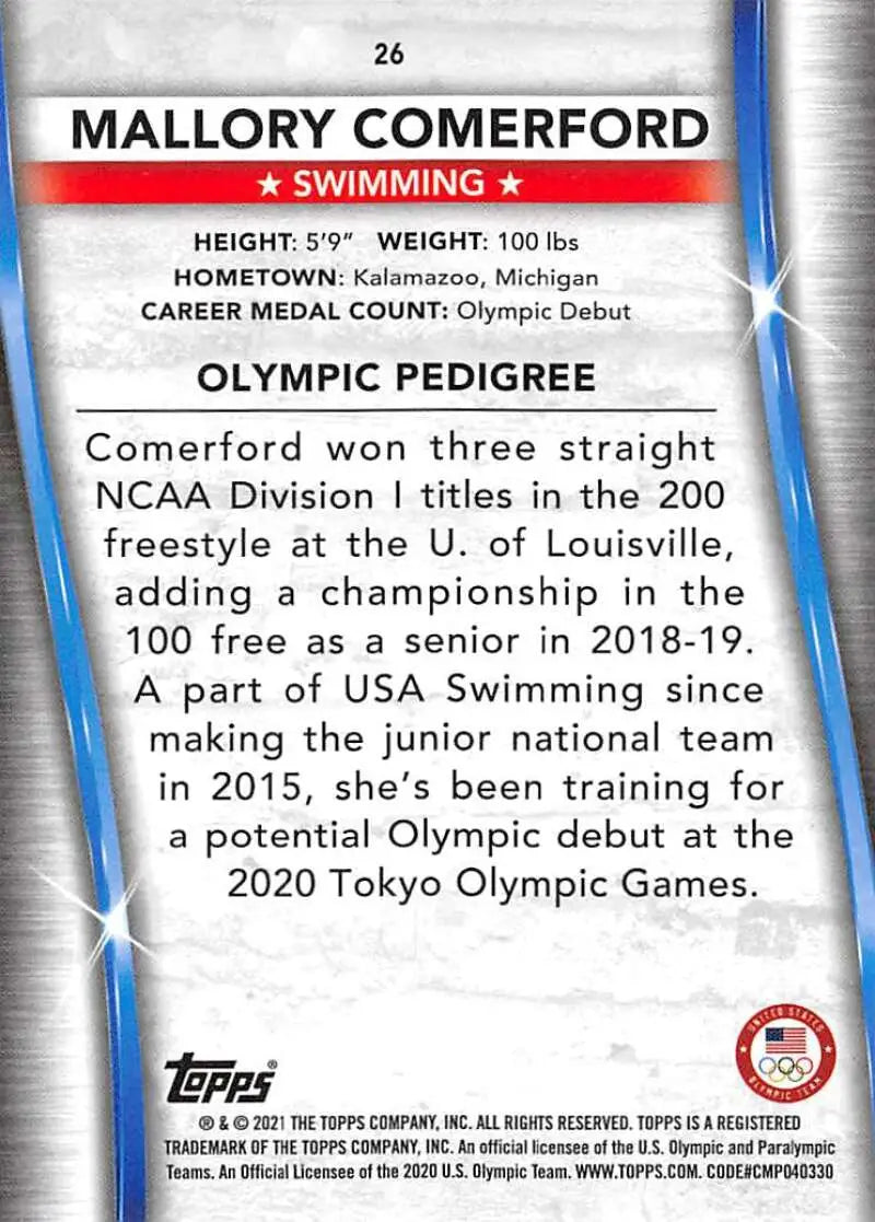 Mallory Comerford swimming card showcasing statistics and Olympic pedigree information