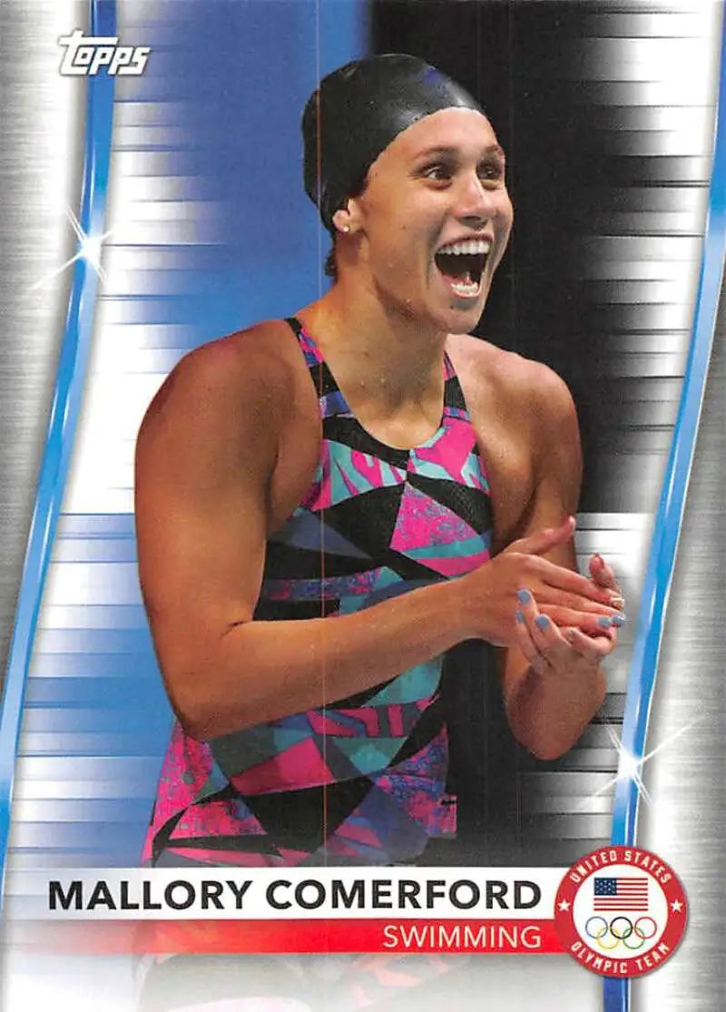 Mallory Comerford Swimming Card featuring colorful geometric-patterned swimsuit design