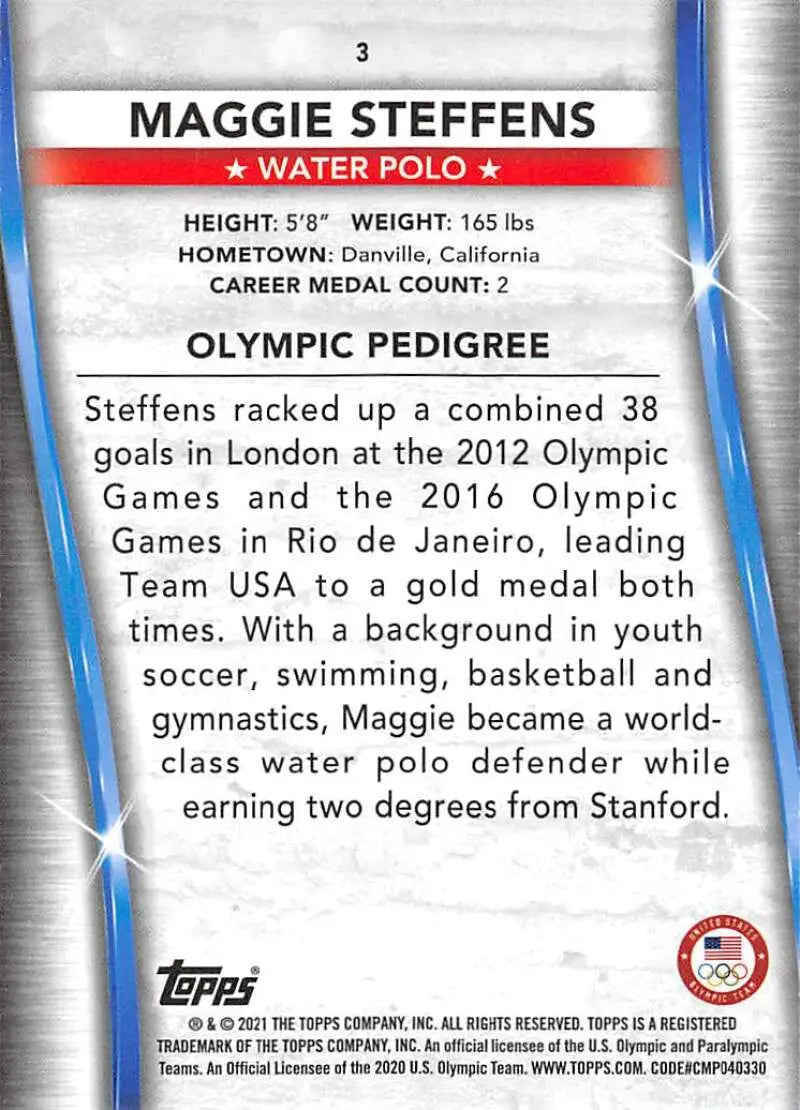 Trading card featuring Maggie Steffens water polo statistics and achievements