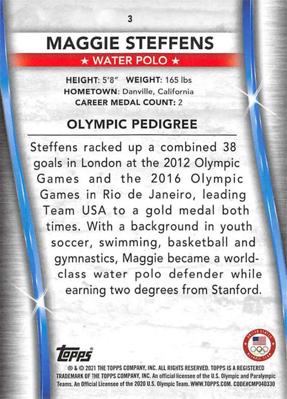 Trading card featuring Maggie Steffens water polo statistics and achievements