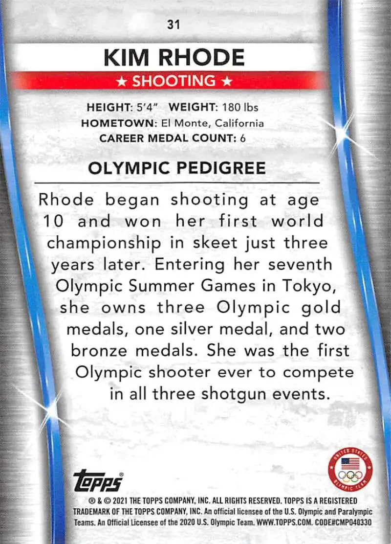 Trading card showcasing Kim Rhode’s achievements in Olympic Games and Paralympics Team Hopefuls