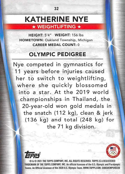 Katherine Nye Weightlifting Card showcasing stats from 2021 Topps Paralympics Team Hopefuls