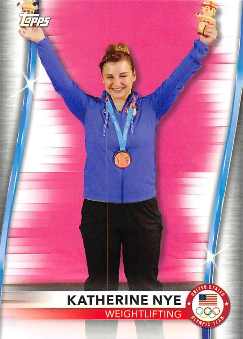 Katherine Nye celebrating with bronze medal on 2021 Topps Weightlifting card