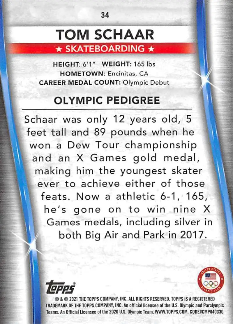 Trading card of Tom Schaar, a Paralympics team hopefuls skateboarding athlete