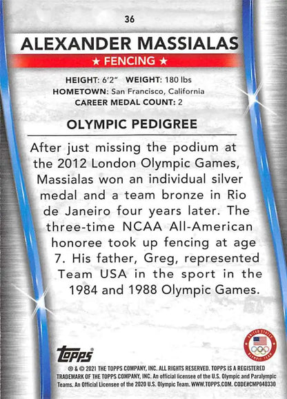 Trading card of Alexander Massialas showcasing statistics from Paralympics Team Hopefuls