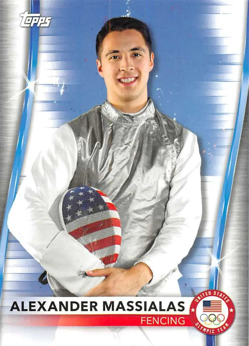 Fencer in silver and white uniform with American flag, Paralympics Team Hopefuls card