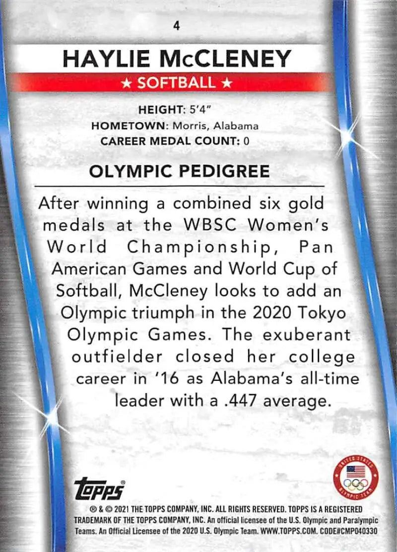 Haylie McCleney Softball Card showcasing statistics from Paralympics Team Hopefuls