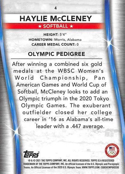 Haylie McCleney Softball Card showcasing statistics from Paralympics Team Hopefuls