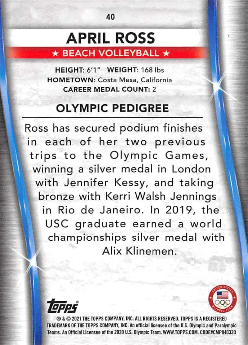 Trading card of April Ross featuring beach volleyball stats and Olympic achievements