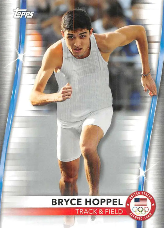 Bryce Hoppel sprinting in white track uniform for Paralympics Team Hopefuls card