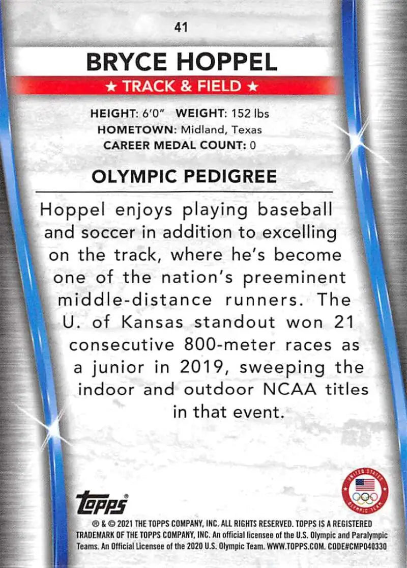 Trading card of Bryce Hoppel featuring athlete stats for Paralympics Team Hopefuls