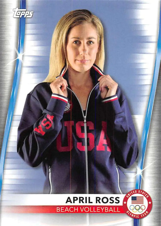 April Ross in navy Olympic warm-up jacket for Team USA beach volleyball