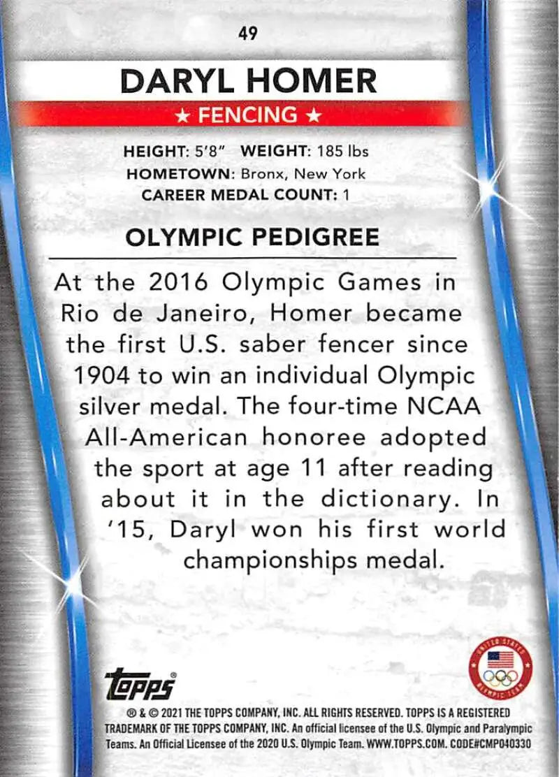 Daryl Homer Fencing Card showcasing Olympic achievements from the 2016 Rio Games