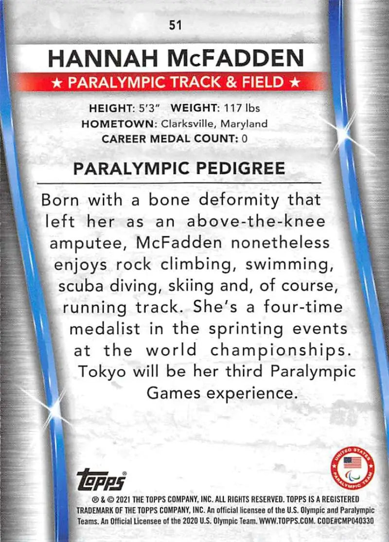 Hannah McFadden Paralympic Track & Field Card from 2021 Topps US Olympics Team Hopefuls