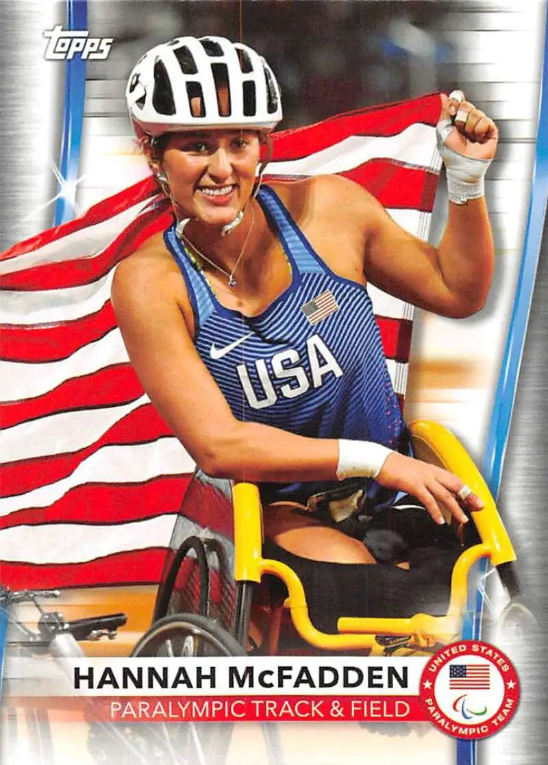 Paralympics Team Hopefuls card featuring Hannah McFadden in racing wheelchair with flag