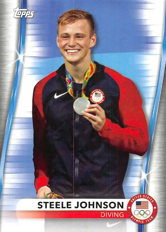 Steele Johnson wearing Team USA jacket with silver medal in diving card image